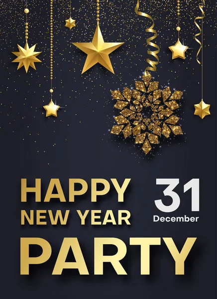 Glad nyår party 31 December glänsande affisch med gyllene snö — Stock vektor