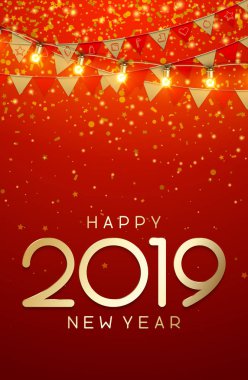 Kağıt bayrak, dekoratif ışıklar kırmızı mutlu yeni yıl 2019 kartıyla