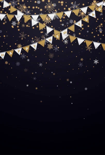 Karta Black szczęśliwego nowego roku z flagi złoty papier i płatki śniegu — Wektor stockowy