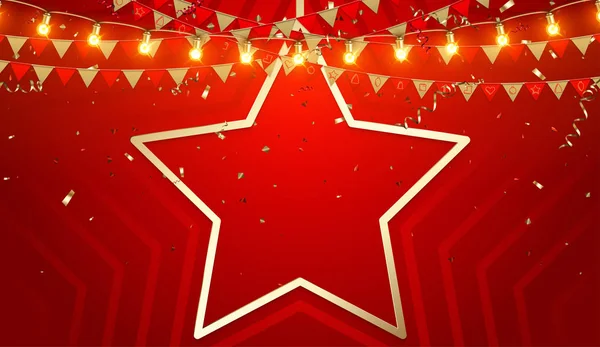 Red Kerstmis en Nieuwjaar kaartsjabloon met gouden ster, vlaggen — Stockvector