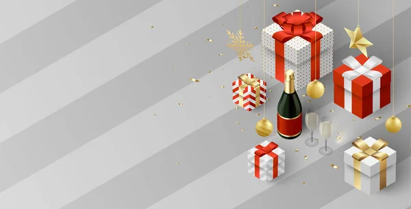 Χριστούγεννα και Πρωτοχρονιά φόντο με χρώμα 3d δώρα, σαμπάνια — Διανυσματικό Αρχείο