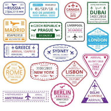 Pasaport beyaz arka plan üzerinde kenarlık özel pullar.