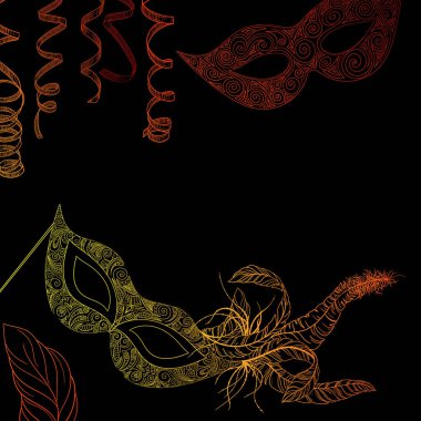 Portakal maskeleri ve serpantin siyah carnival arka plan.