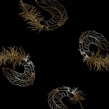 Black carnival background with gold feathers. clipart