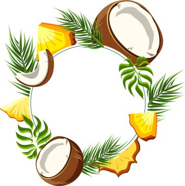 Ananas ve hindistancevizi yuvarlak beyaz arka plan. 
