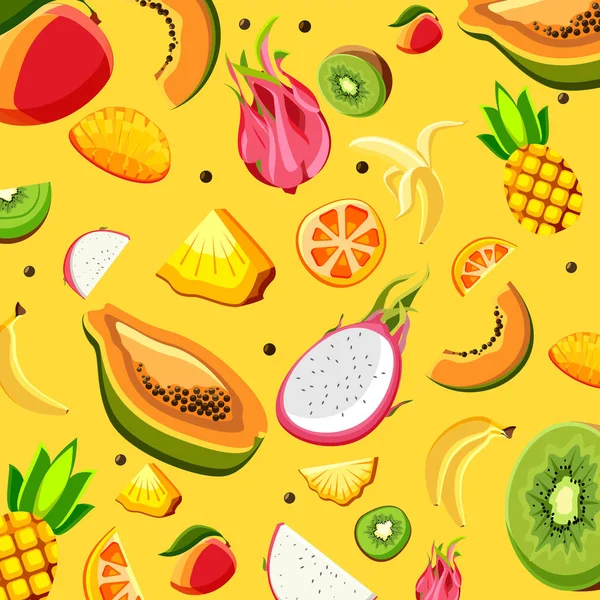 Yellow background with tropical fruits. — Stock Vector