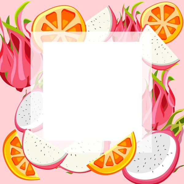 Pink background with pitaya and orange. — Stock Vector