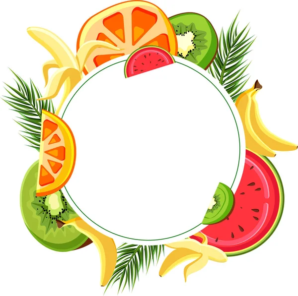 Fondo redondo blanco con frutas tropicales . — Vector de stock