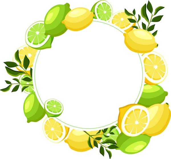 Vit rund bakgrund med lime och citroner. — Stock vektor