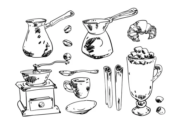 Kahve makinesi, öğütücü, kruvasan, üzerinde beyaz izole Kupası.