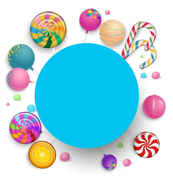 Blue round background with color lollipops. — Stock Vector