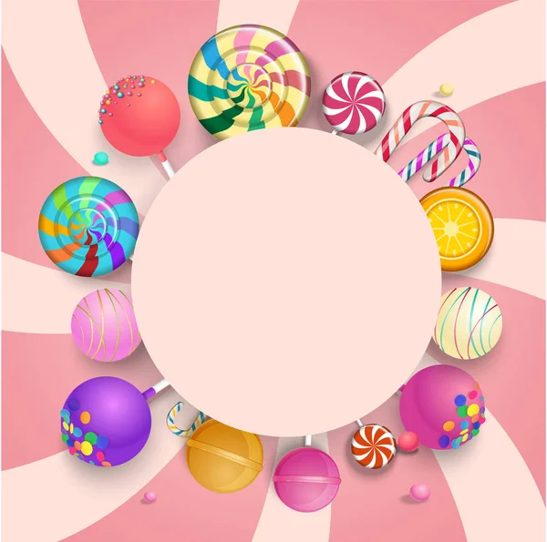 カラフルなキャンディーとピンクの丸い背景. — ストックベクタ