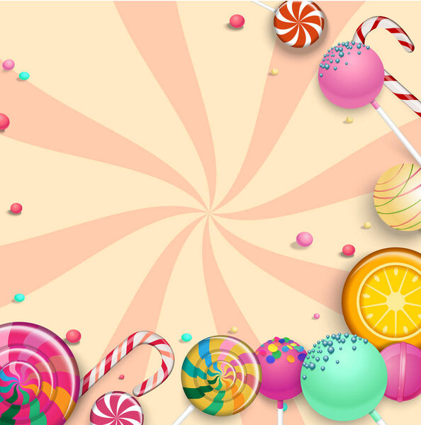 Yellow striped background with colorful lollipops.