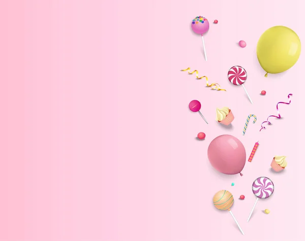 Fondo festivo rosa con globos de colores . — Vector de stock