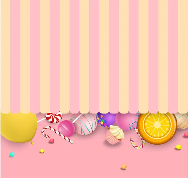 带彩色棒棒糖的粉红色条纹背景. — 图库矢量图片