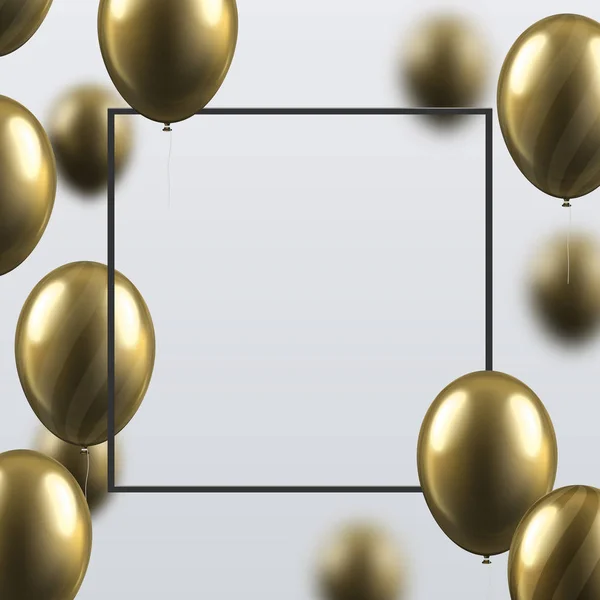 Festlicher Hintergrund mit schwarzem Rahmen und goldglänzenden Luftballons. — Stockvektor