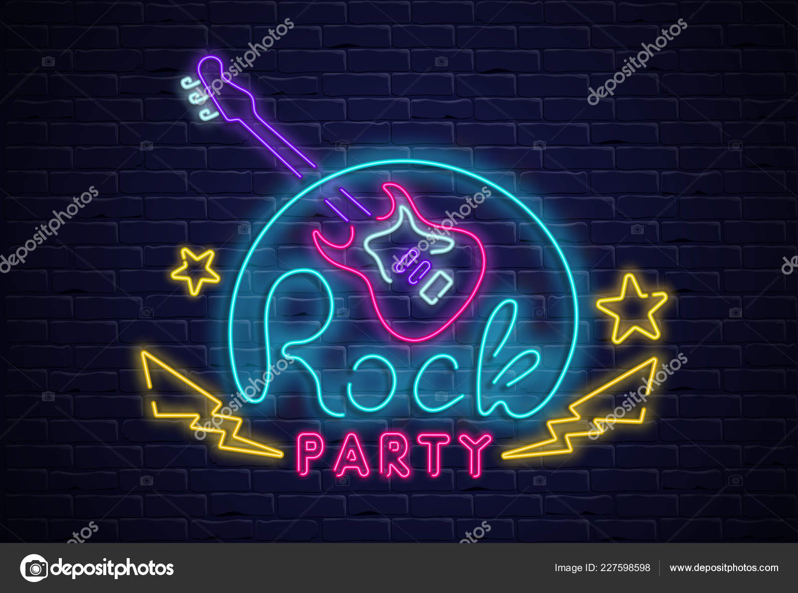 Rock Party Neon Colorful Signboard On Black Bricklaying Wall Stock Vector C Svetlaboro