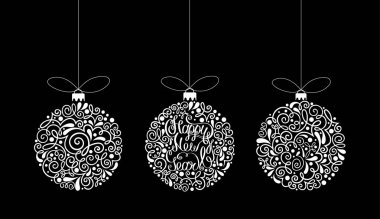 Mutlu yeni yıl kartı beyaz Noel topları ile.