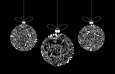 Beyaz Noel topları ile neşeli Noel tebrik kartı.