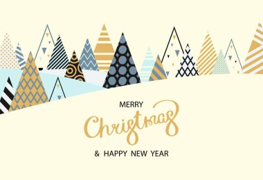 Neşeli Noel ve mutlu yeni yıl kartı yaratıcı köknar ağaçları ile.