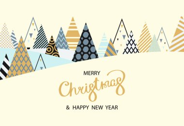 Merry Christmas and Happy New Year card with creative fir trees. clipart