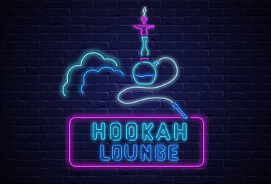 Nargile salonu. Renkli neon dekorasyon siyah gerçekçi örmek Duvar ile dokulu arka plan. Restoran, kafe ve bar tasarım. Vektör çizim.