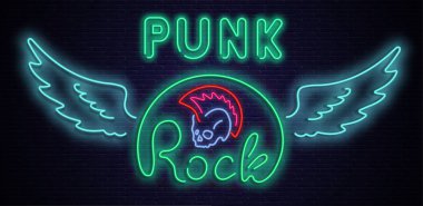 Punk rock neon renkli tabela siyah örmek duvar.