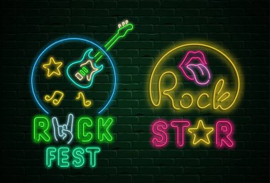 Rock yıldızı ve fest neon renkli tabela.