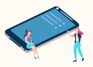 Kızlar smartphone ile rahatla, dans ve müzik dinlemek. Düz stil.