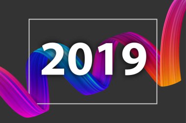 Yeni yıl 2019 poster gri backgrou üzerinde renkli fırça darbesiyle