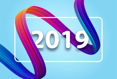 Mutlu yeni yıl 2019 kart mavi zemin üzerine fırça darbesiyle.