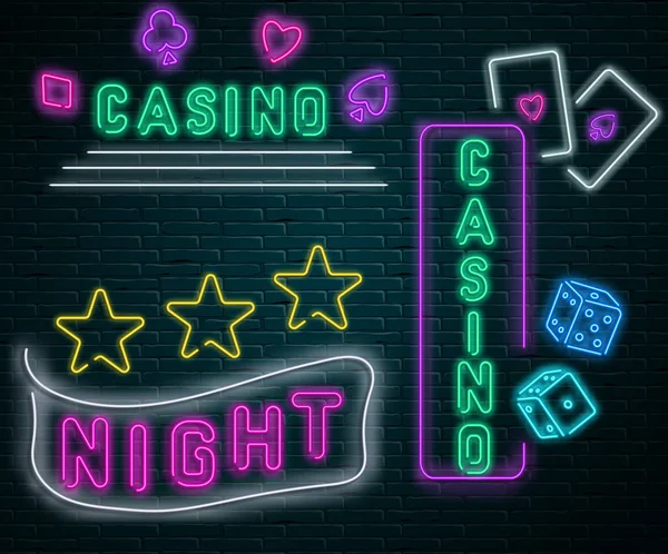 Neon leuchtende nächtliche Casino-Schilder an grauer Ziegelwand. — Stockvektor