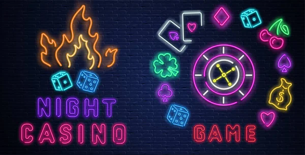 Neon leuchtende Casino-Schilder an lila Ziegelwänden. — Stockvektor