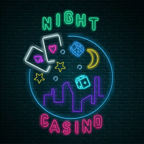 Farbenfrohe neonleuchtende Casino-Nachttafel auf Mauerwerk — Stockvektor