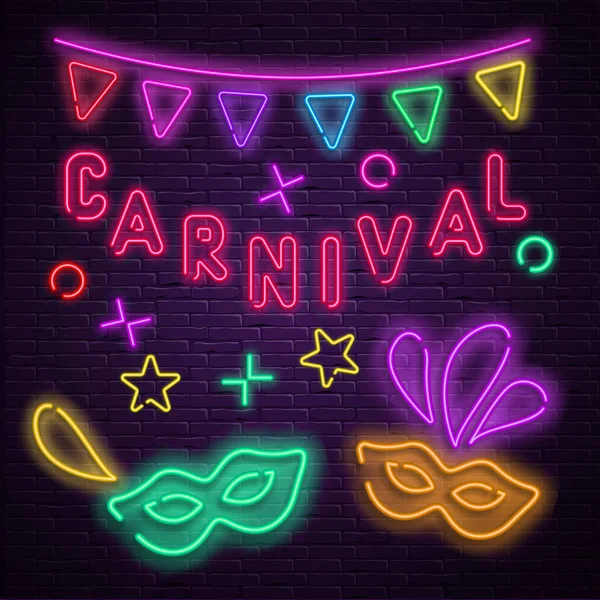 Purple carnival background with neon masks and flags. — Stock Vector