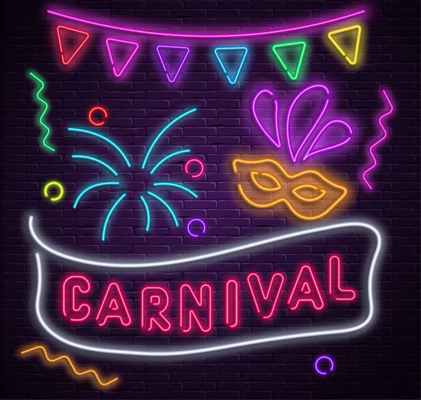 Purple carnival background with neon mask and flags. — Stock Vector