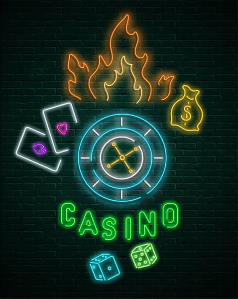 Neonleuchtende Casino-Tafel an schwarzer Ziegelwand. — Stockvektor