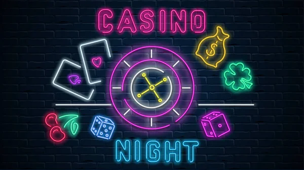 Bunte neonleuchtende Casino-Nachttafel auf schwarzem Ziegelstein — Stockvektor