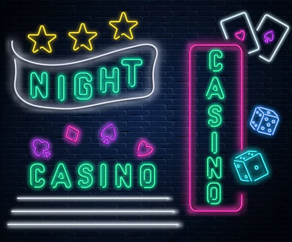 Neonleuchtende nächtliche Casino-Schilder an schwarzer Ziegelwand. — Stockvektor