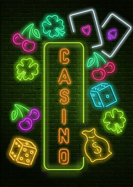 Neon luminous casino signboard on black bricklaying wall. — Stock Vector