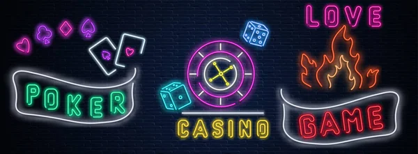 Neonleuchtende nächtliche Casino-Schilder an schwarzer Ziegelwand. — Stockvektor