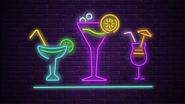 Colorful neon cocktails decoration on purple bricklaying wall ba — Stock Vector