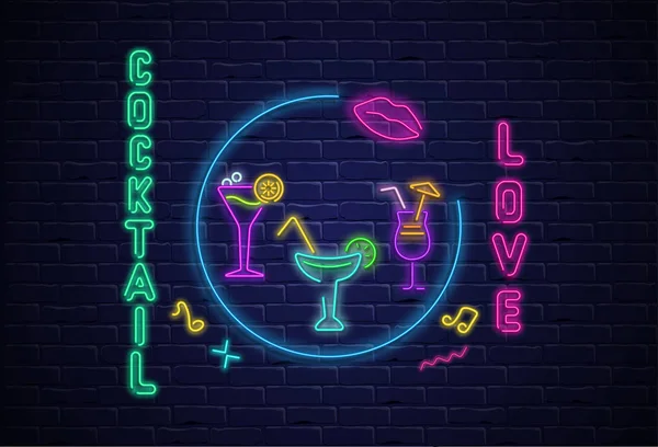 Schwarzer Cocktail Liebe Hintergrund mit bunten Neon-Dekoration. — Stockvektor