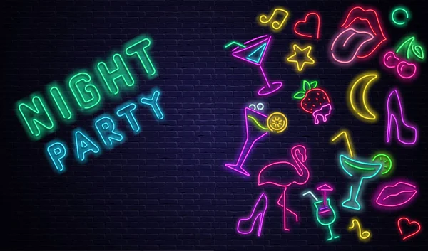 Schwarze Nacht Party Hintergrund mit bunten Neon-Dekoration. — Stockvektor