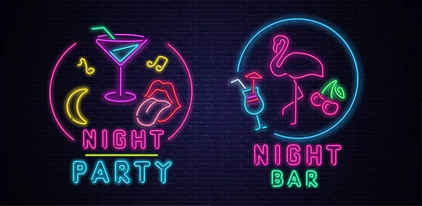 Fiesta de noche negra y fondo de bar con coloridos decorados de neón — Vector de stock
