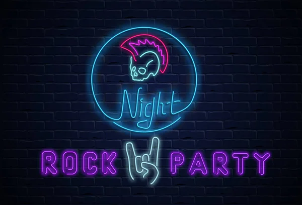 Rock-Party neonbunte Werbetafel an schwarzer Ziegelwand. — Stockvektor