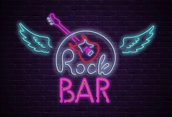 Rock bar néon panneau coloré sur le mur de briquetage violet . — Image vectorielle