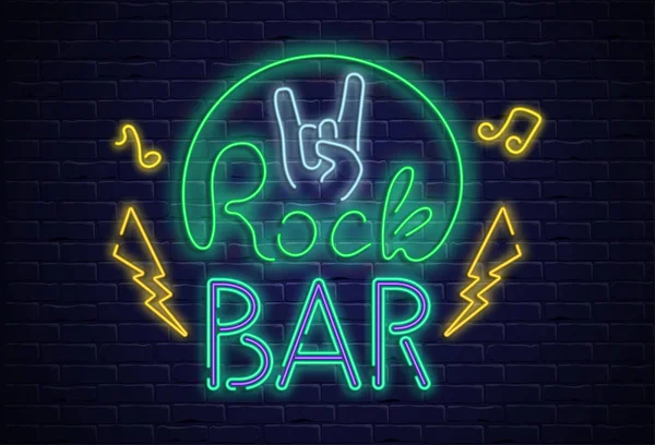 Rock bar néon panneau coloré sur mur de briquetage noir . — Image vectorielle