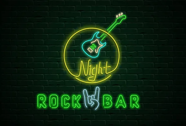 Night rock bar néon panneau coloré sur mur de briquetage noir — Image vectorielle