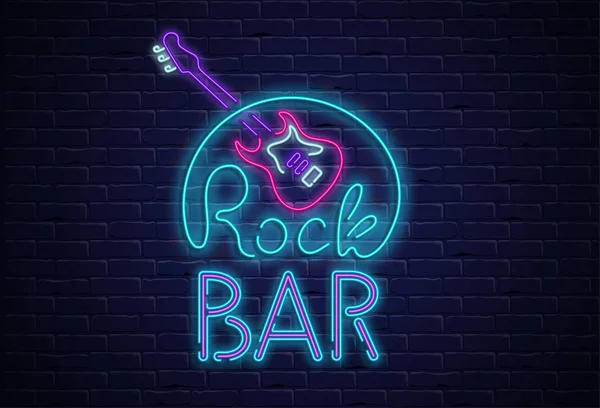 Rock bar néon panneau coloré sur mur de briquetage noir . — Image vectorielle